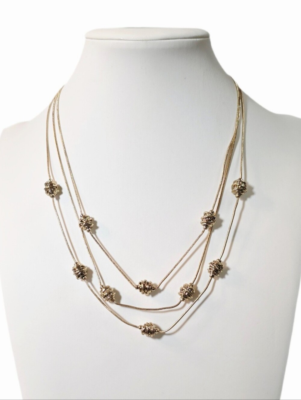 Beautiful Triple-Strand Gold-Tone Bead Necklace